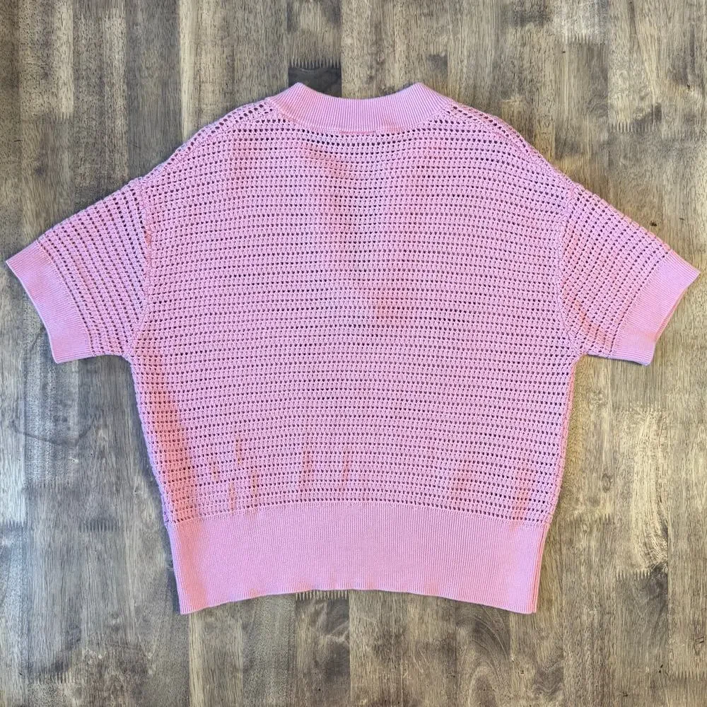 Varley Callie Open-Knit Cotton Top Short Sleeve Button Summer Pink Women’s Small - Picture 9 of 10
